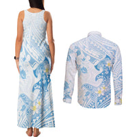 Polynesia Hammerhead Shark Couples Matching Tank Maxi Dress and Long Sleeve Button Shirt Tropical Flowers Tribal Pattern Blue LT05 - Polynesian Pride