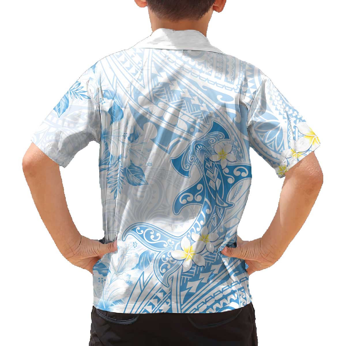 Polynesia Hammerhead Shark Family Matching Off The Shoulder Long Sleeve Dress and Hawaiian Shirt Tropical Flowers Tribal Pattern Blue