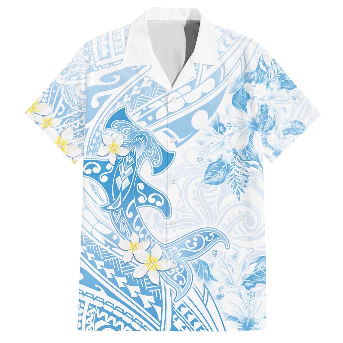Polynesia Hammerhead Shark Family Matching Off The Shoulder Long Sleeve Dress and Hawaiian Shirt Tropical Flowers Tribal Pattern Blue