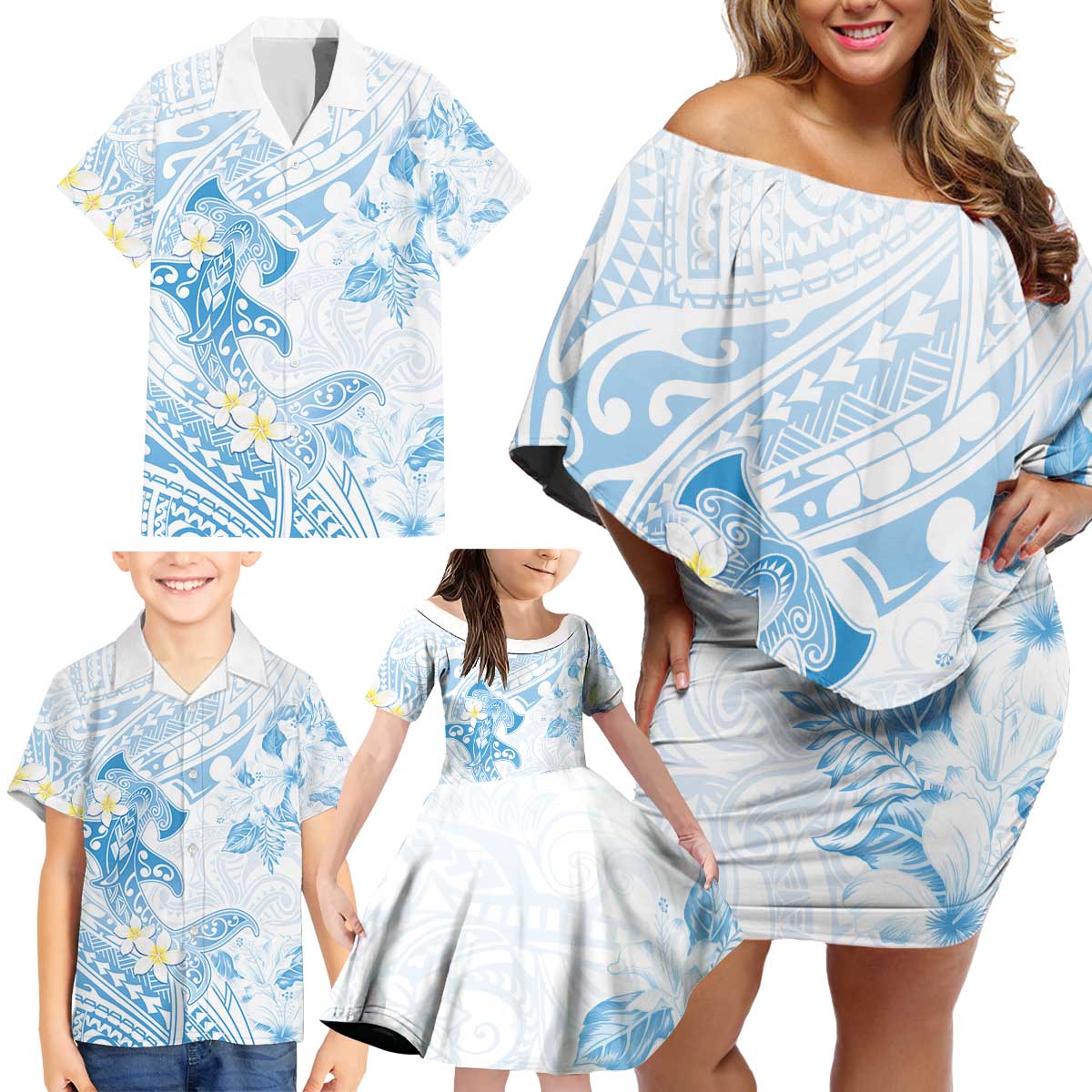 Polynesia Hammerhead Shark Family Matching Off Shoulder Short Dress and Hawaiian Shirt Tropical Flowers Tribal Pattern Blue