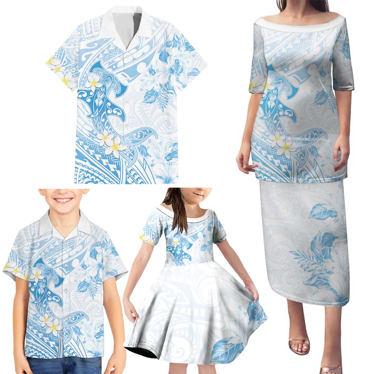 Polynesia Hammerhead Shark Family Matching Puletasi and Hawaiian Shirt Tropical Flowers Tribal Pattern Blue