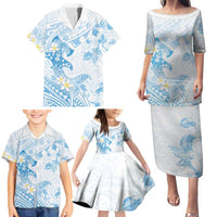 Polynesia Hammerhead Shark Family Matching Puletasi and Hawaiian Shirt Tropical Flowers Tribal Pattern Blue LT05 - Polynesian Pride