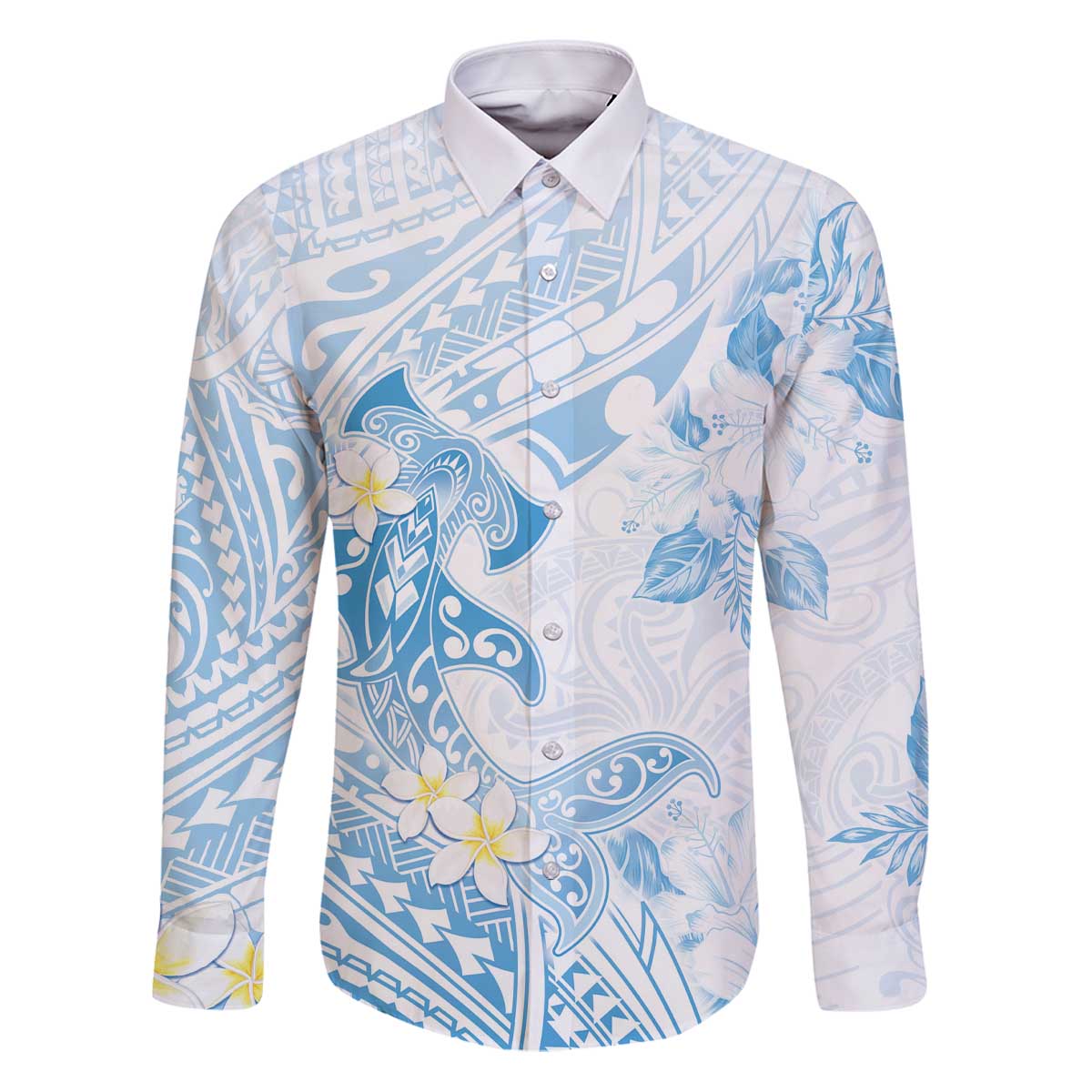 Polynesia Hammerhead Shark Family Matching Puletasi and Hawaiian Shirt Tropical Flowers Tribal Pattern Blue LT05 Dad's Shirt - Long Sleeve Blue - Polynesian Pride
