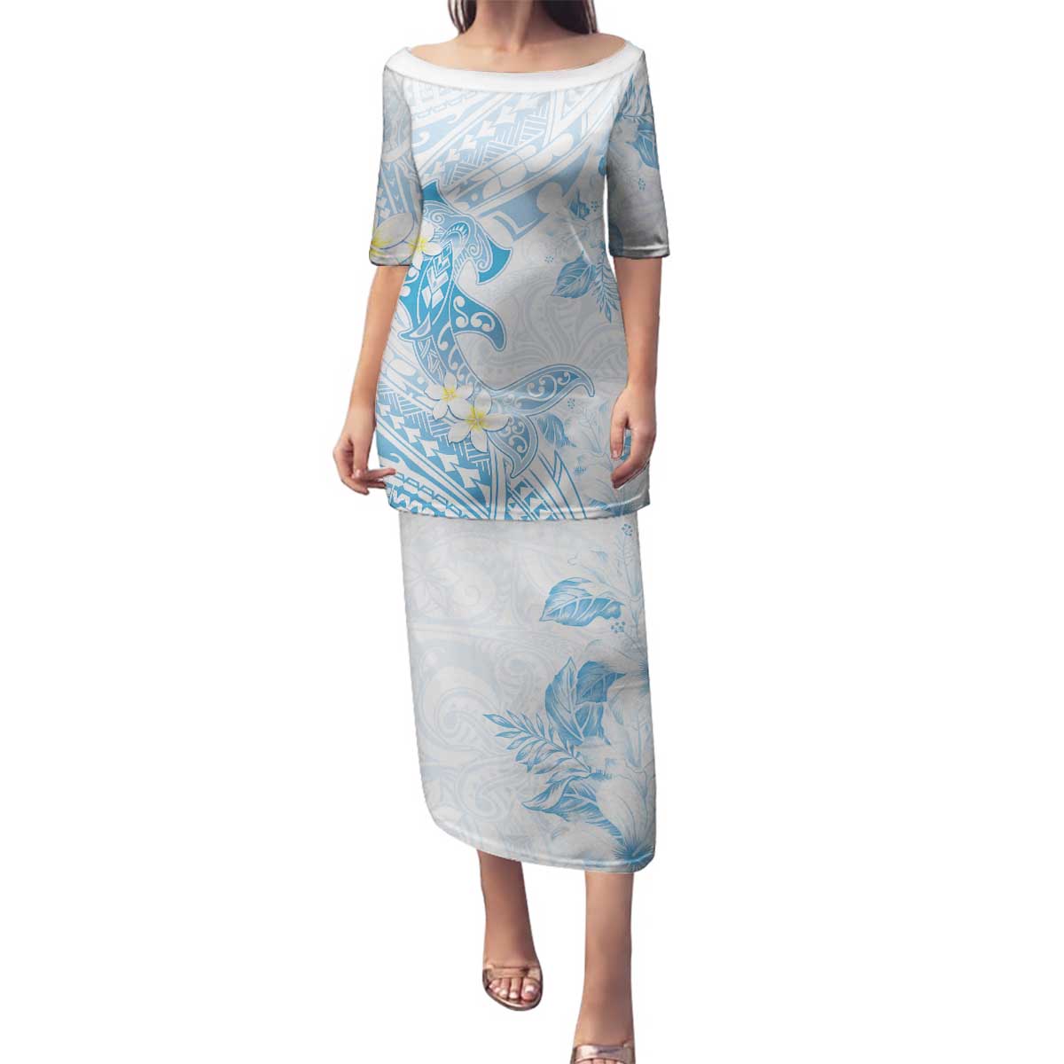 Polynesia Hammerhead Shark Family Matching Puletasi and Hawaiian Shirt Tropical Flowers Tribal Pattern Blue LT05 Mom's Dress Blue - Polynesian Pride