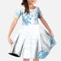 Polynesia Hammerhead Shark Family Matching Summer Maxi Dress and Hawaiian Shirt Tropical Flowers Tribal Pattern Blue LT05 Daughter's Dress Blue - Polynesian Pride