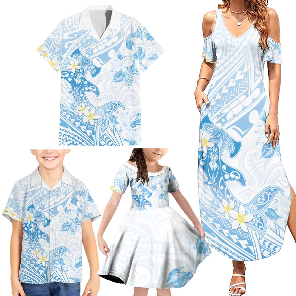 Polynesia Hammerhead Shark Family Matching Summer Maxi Dress and Hawaiian Shirt Tropical Flowers Tribal Pattern Blue