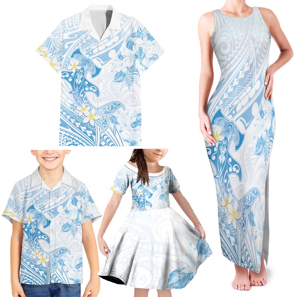 Polynesia Hammerhead Shark Family Matching Tank Maxi Dress and Hawaiian Shirt Tropical Flowers Tribal Pattern Blue LT05 - Polynesian Pride