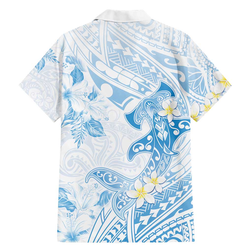 Polynesia Hammerhead Shark Hawaiian Shirt Tropical Flowers Tribal Pattern Blue LT05 - Polynesian Pride