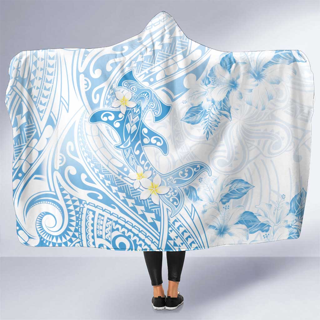 Polynesia Hammerhead Shark Hooded Blanket Tropical Flowers Tribal Pattern Blue