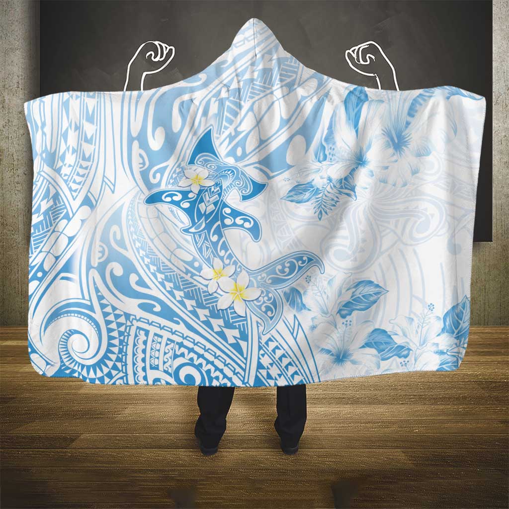 Polynesia Hammerhead Shark Hooded Blanket Tropical Flowers Tribal Pattern Blue LT05 - Polynesian Pride