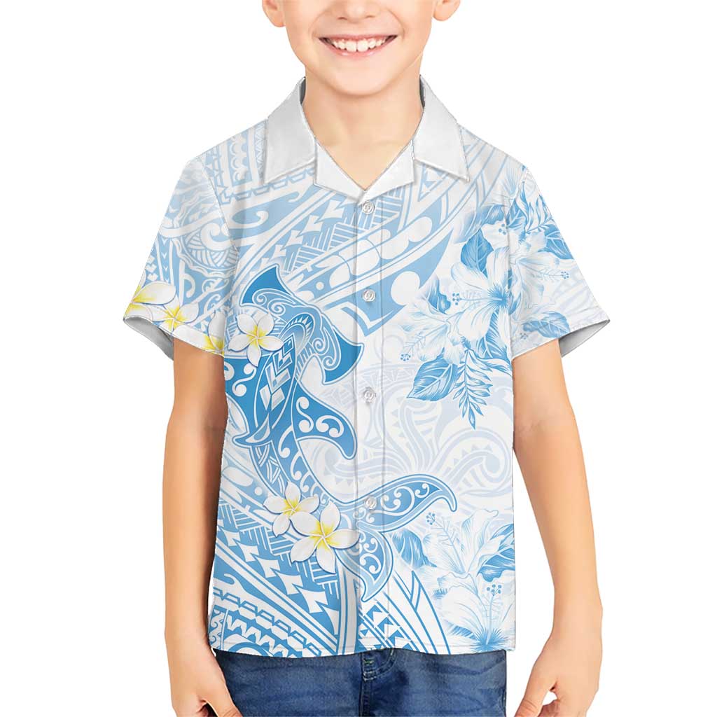 Polynesia Hammerhead Shark Kid Hawaiian Shirt Tropical Flowers Tribal Pattern Blue