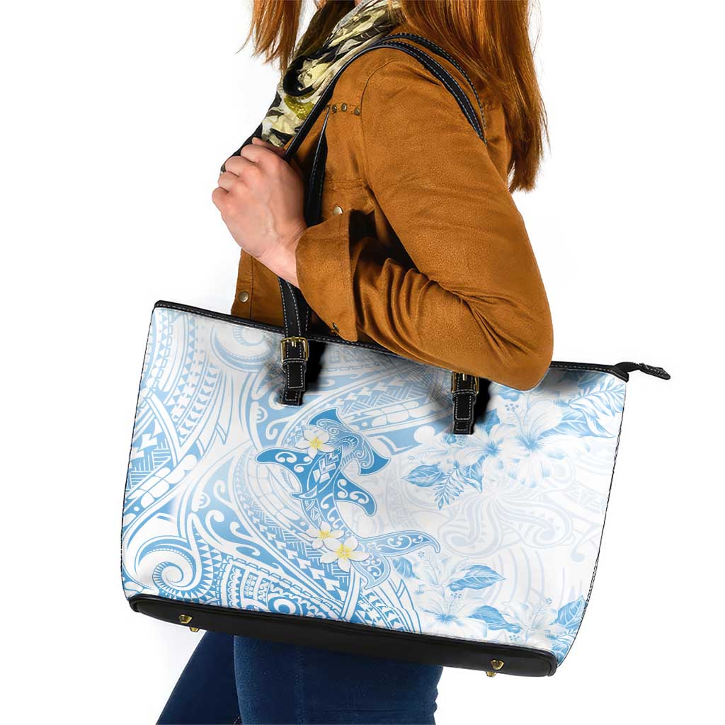 Polynesia Hammerhead Shark Leather Tote Bag Tropical Flowers Tribal Pattern Blue LT05 Blue - Polynesian Pride