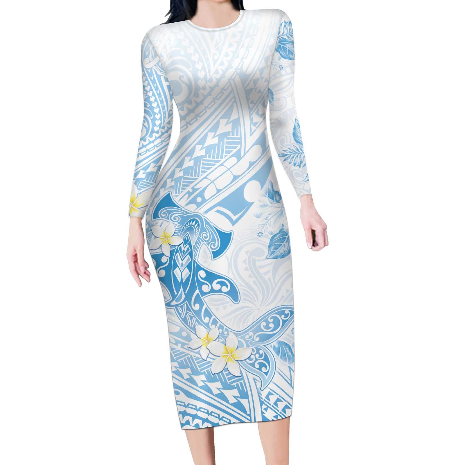 Polynesia Hammerhead Shark Long Sleeve Bodycon Dress Tropical Flowers Tribal Pattern Blue