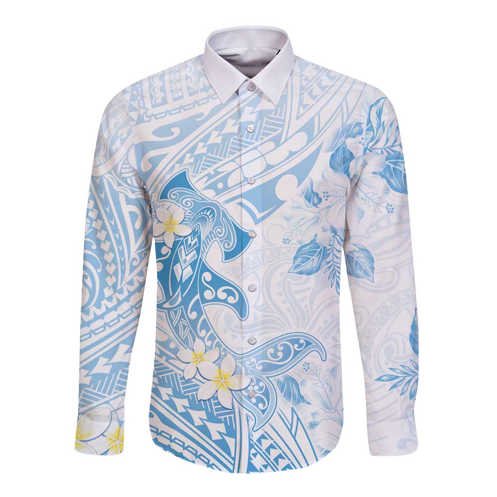 Polynesia Hammerhead Shark Long Sleeve Button Shirt Tropical Flowers Tribal Pattern Blue