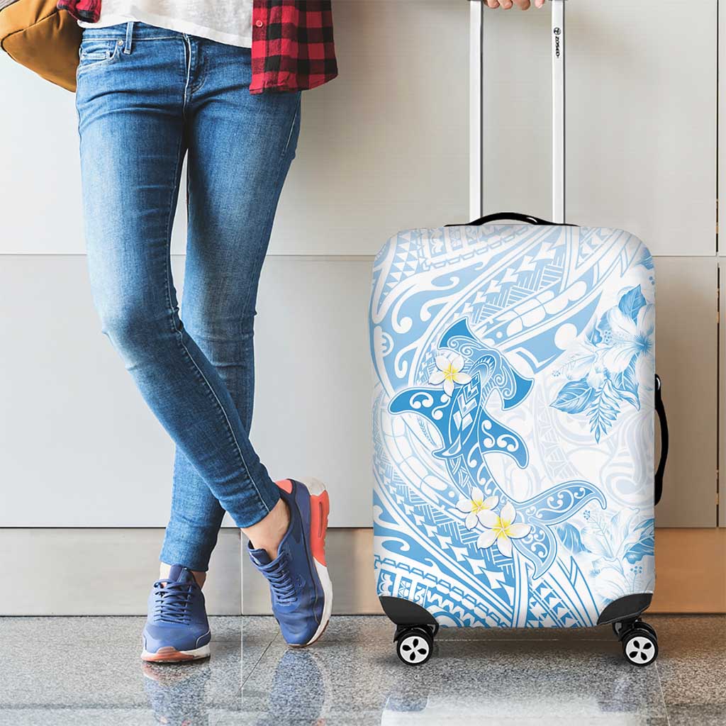 Polynesia Hammerhead Shark Luggage Cover Tropical Flowers Tribal Pattern Blue