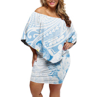 Polynesia Hammerhead Shark Off Shoulder Short Dress Tropical Flowers Tribal Pattern Blue LT05 Women Blue - Polynesian Pride