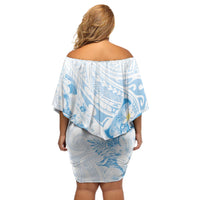 Polynesia Hammerhead Shark Off Shoulder Short Dress Tropical Flowers Tribal Pattern Blue LT05 - Polynesian Pride