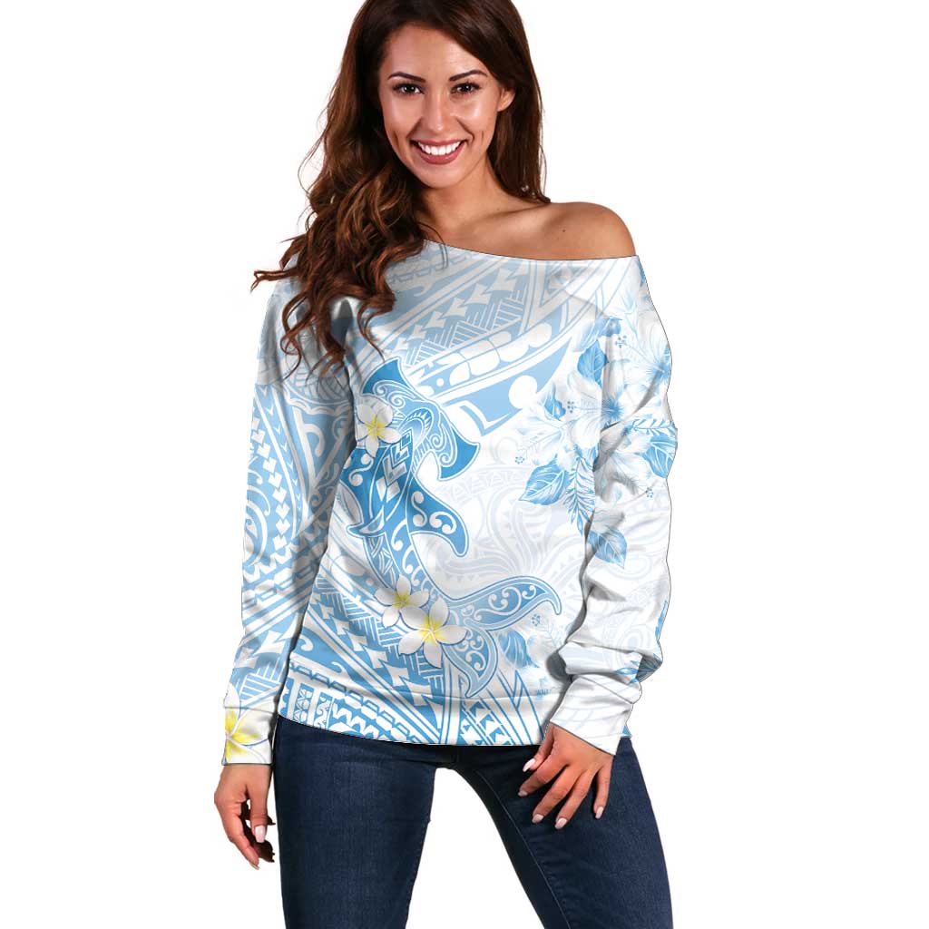 Polynesia Hammerhead Shark Off Shoulder Sweater Tropical Flowers Tribal Pattern Blue