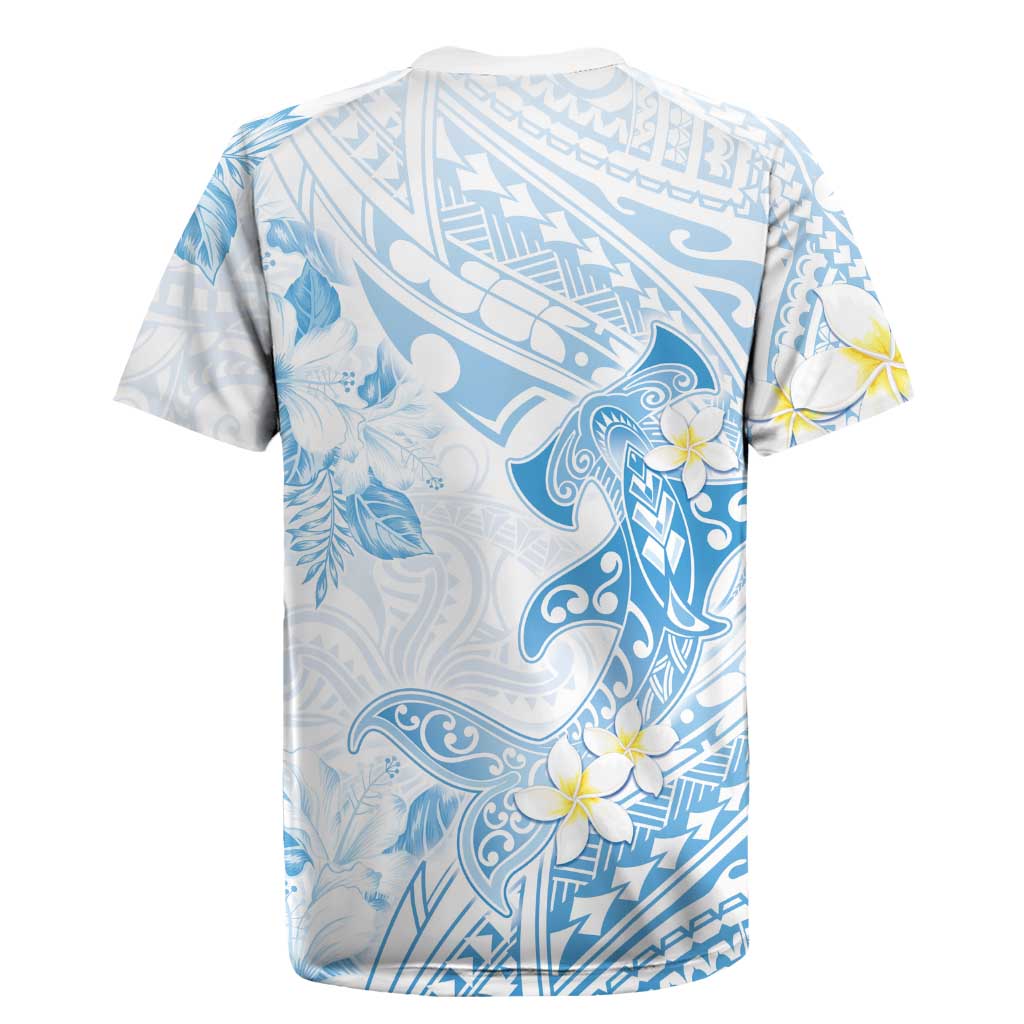 Polynesia Hammerhead Shark Rugby Jersey Tropical Flowers Tribal Pattern Blue