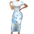 Polynesia Hammerhead Shark Short Sleeve Bodycon Dress Tropical Flowers Tribal Pattern Blue