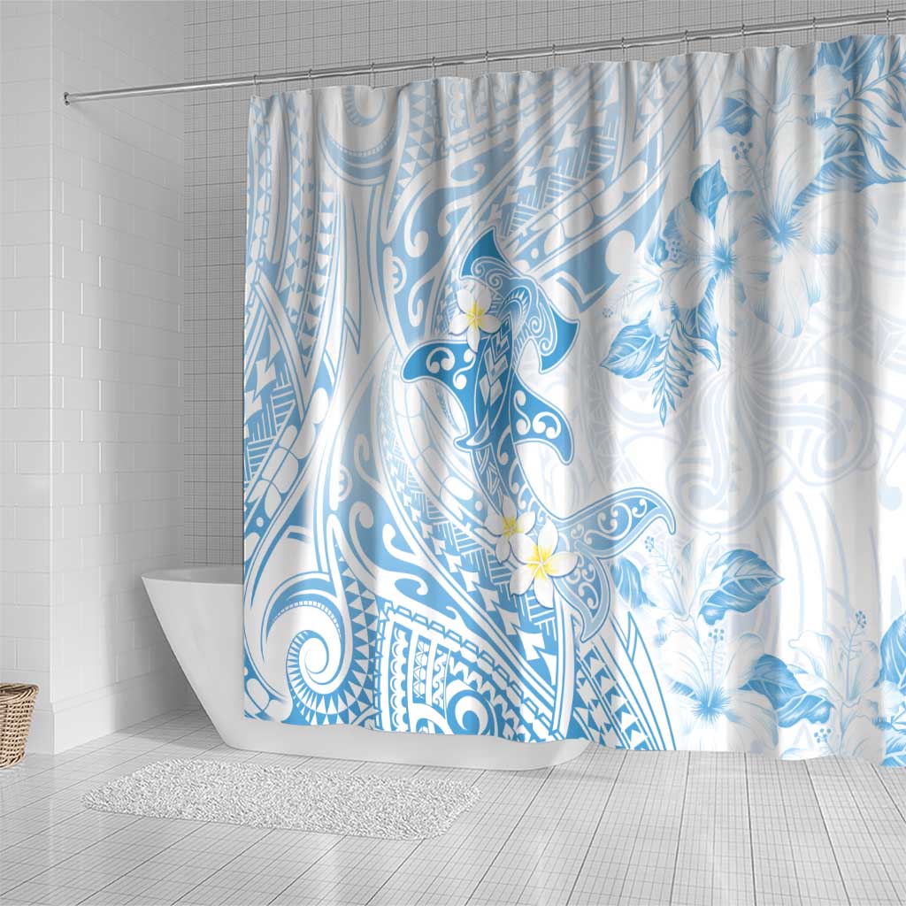 Polynesia Hammerhead Shark Shower Curtain Tropical Flowers Tribal Pattern Blue