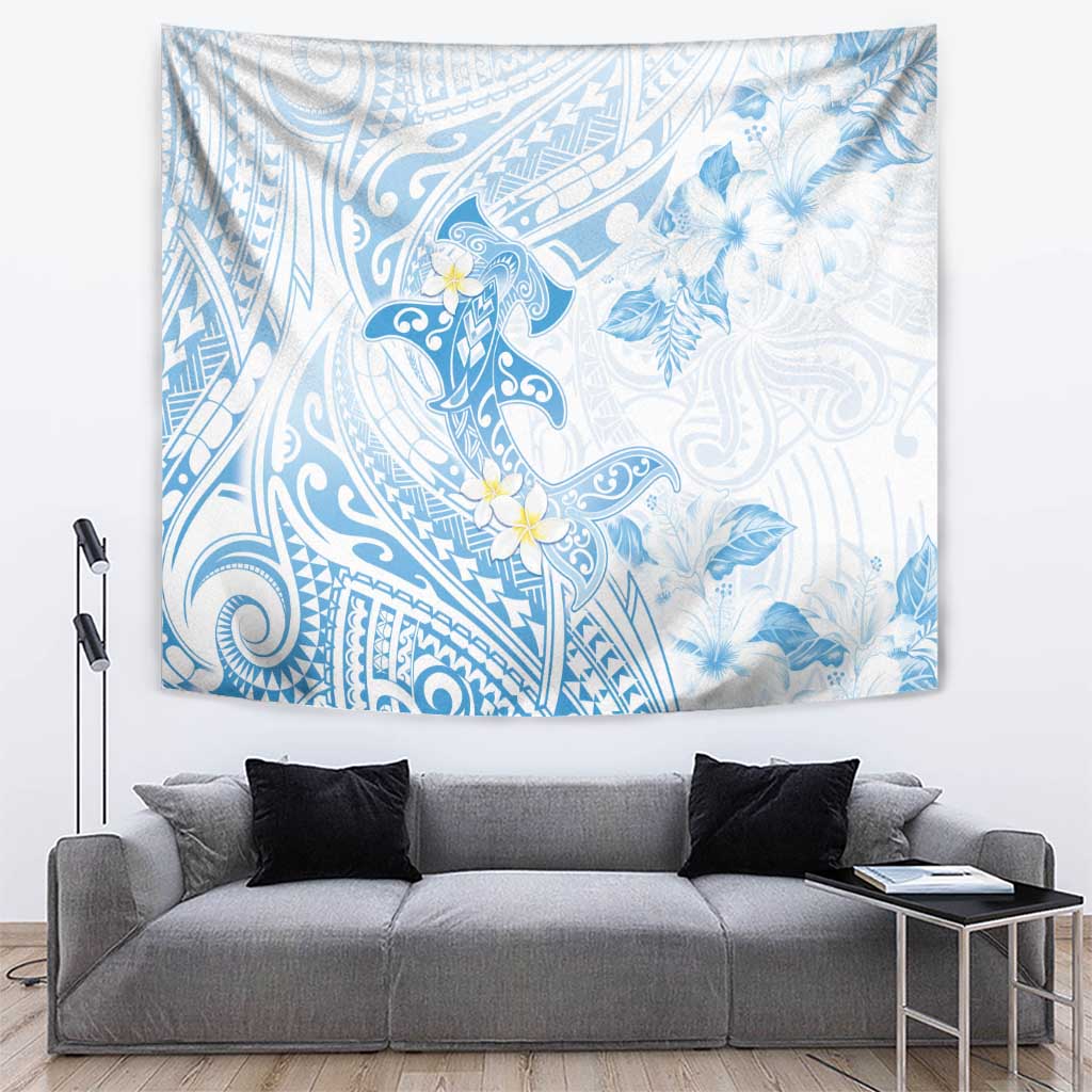 Polynesia Hammerhead Shark Tapestry Tropical Flowers Tribal Pattern Blue