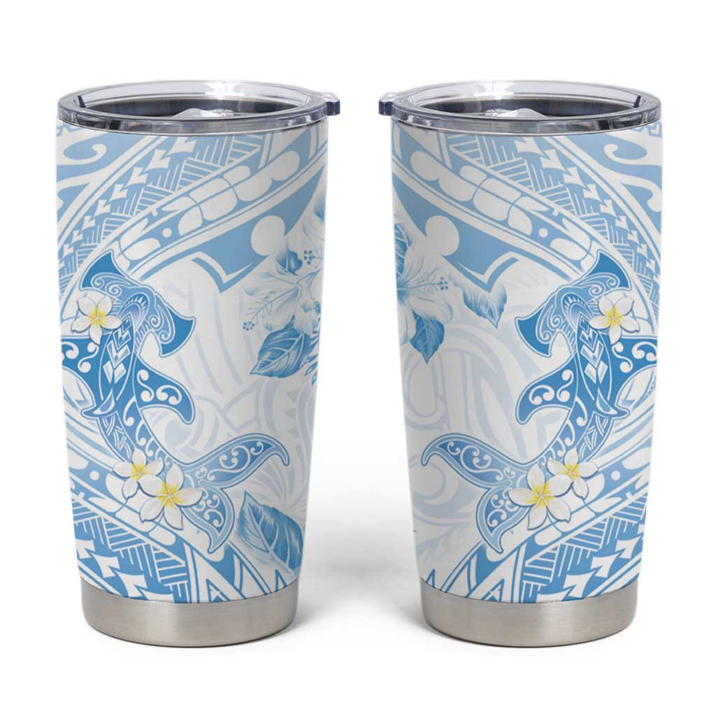 Polynesia Hammerhead Shark Tumbler Cup Tropical Flowers Tribal Pattern Blue