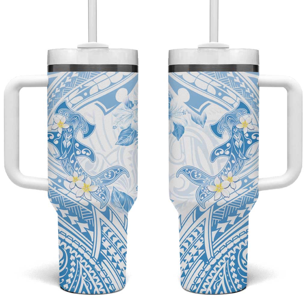 Polynesia Hammerhead Shark Tumbler With Handle Tropical Flowers Tribal Pattern Blue