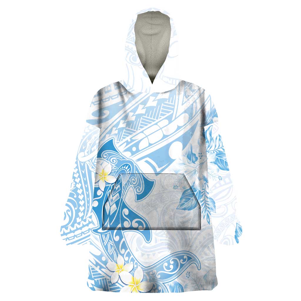 Polynesia Hammerhead Shark Wearable Blanket Hoodie Tropical Flowers Tribal Pattern Blue