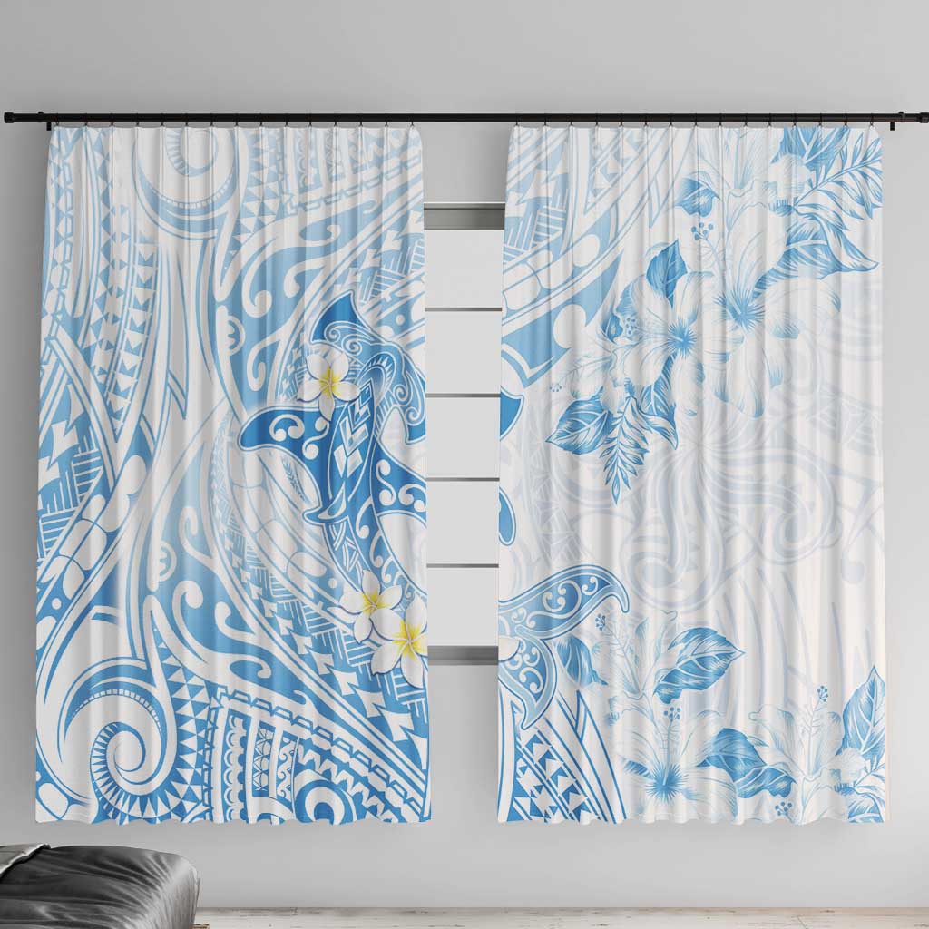 Polynesia Hammerhead Shark Window Curtain Tropical Flowers Tribal Pattern Blue