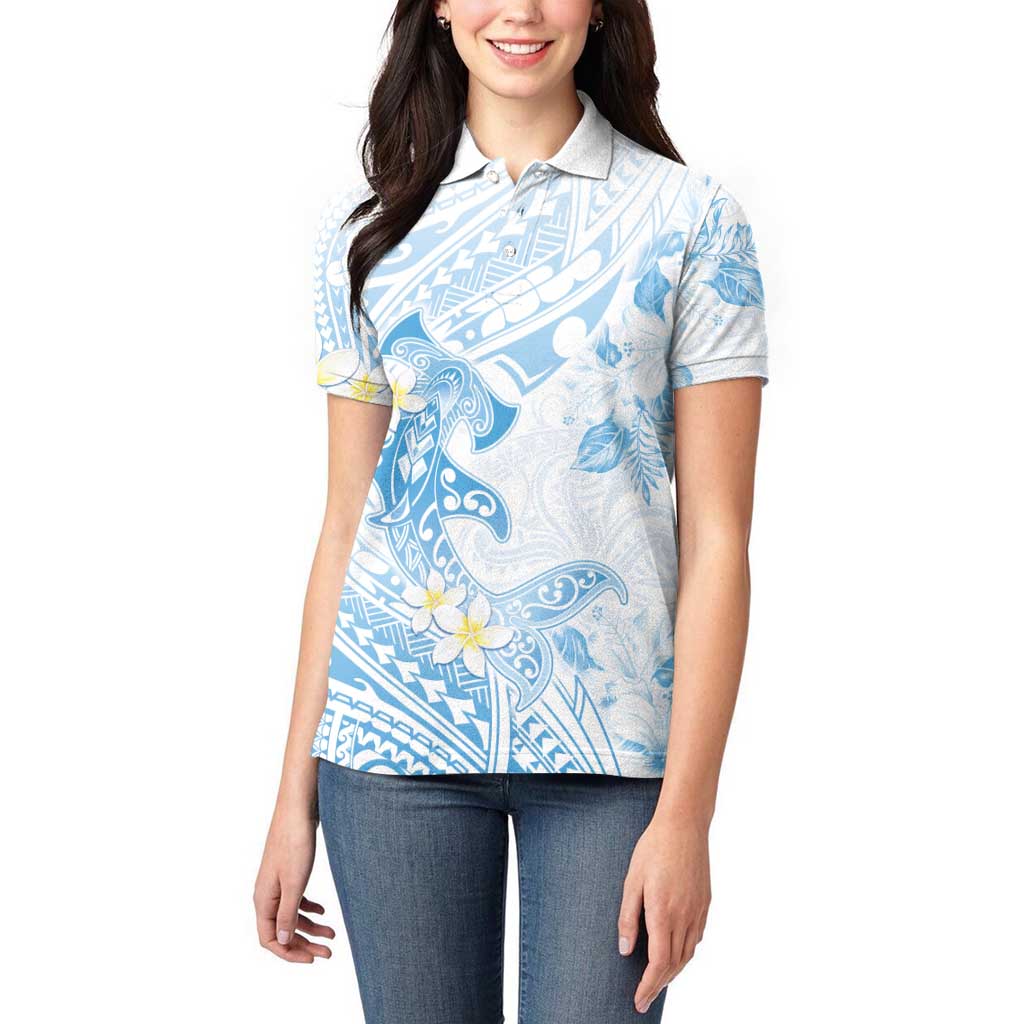 Polynesia Hammerhead Shark Women Polo Shirt Tropical Flowers Tribal Pattern Blue