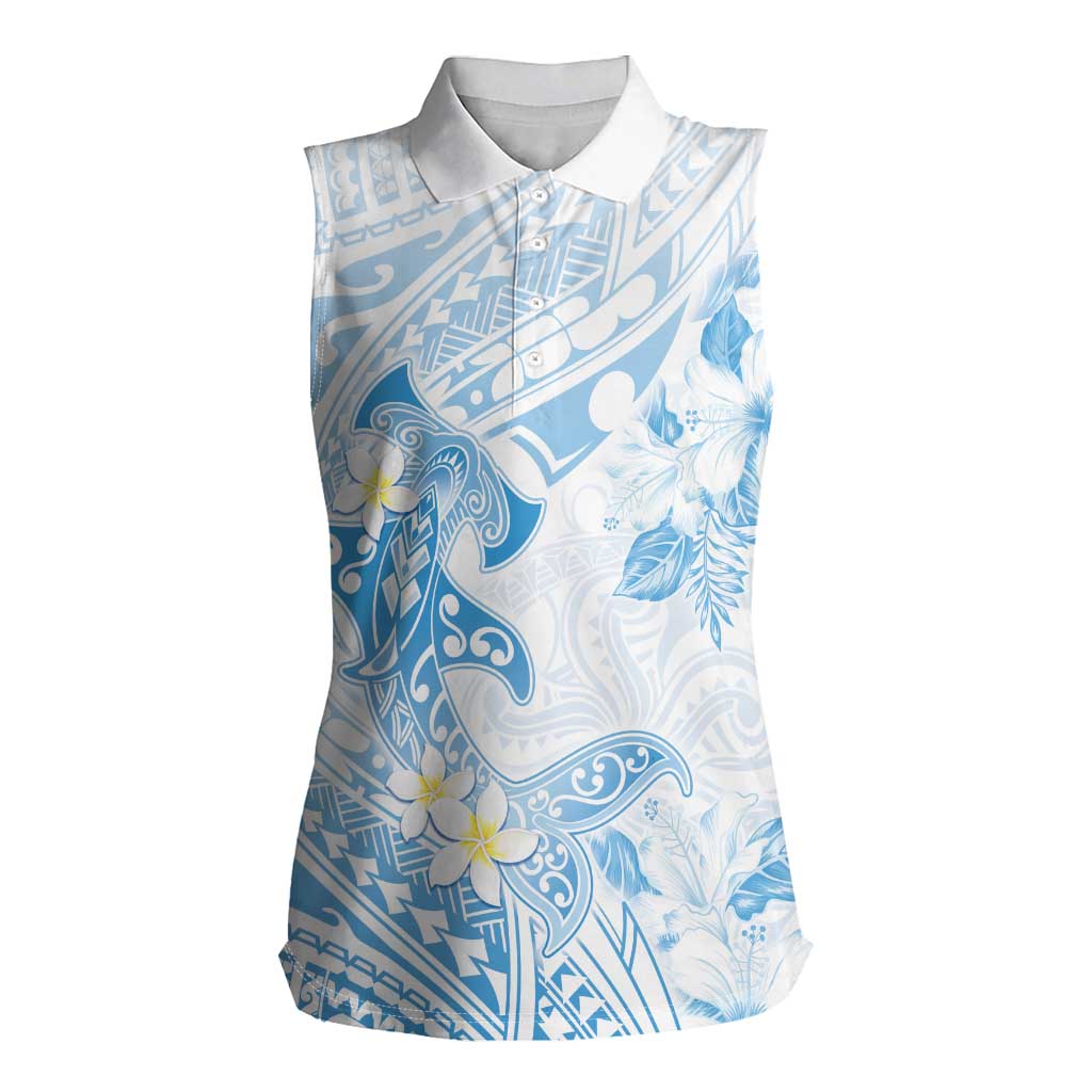 Polynesia Hammerhead Shark Women Sleeveless Polo Shirt Tropical Flowers Tribal Pattern Blue