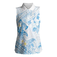 Polynesia Hammerhead Shark Women Sleeveless Polo Shirt Tropical Flowers Tribal Pattern Blue