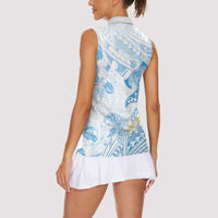 Polynesia Hammerhead Shark Women Sleeveless Polo Shirt Tropical Flowers Tribal Pattern Blue