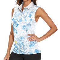 Polynesia Hammerhead Shark Women Sleeveless Polo Shirt Tropical Flowers Tribal Pattern Blue