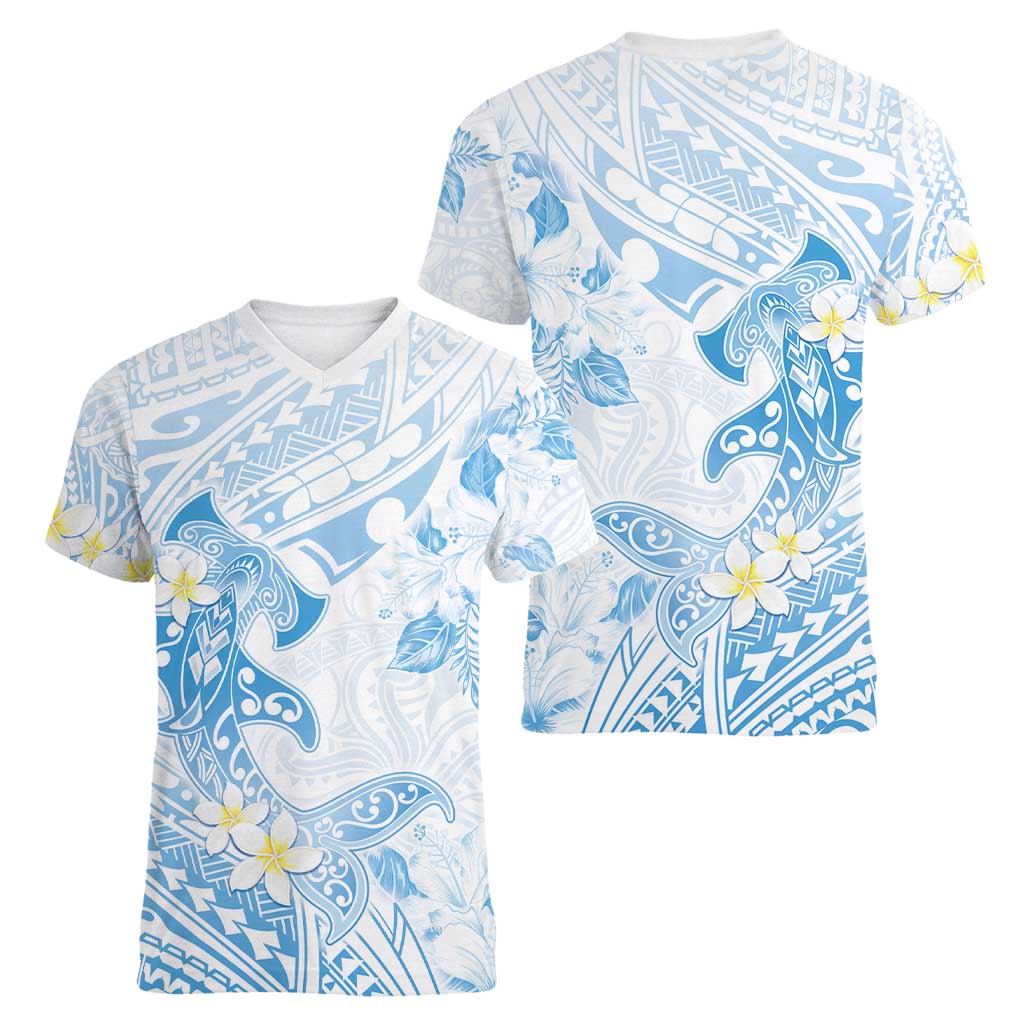 Polynesia Hammerhead Shark Women V-Neck T-Shirt Tropical Flowers Tribal Pattern Blue