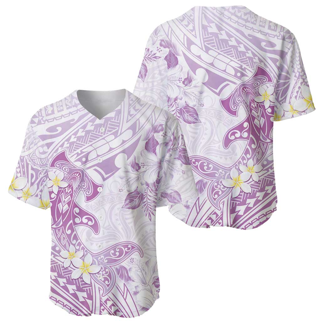 Polynesia Hammerhead Shark Baseball Jersey Tropical Flowers Tribal Pattern Lavender