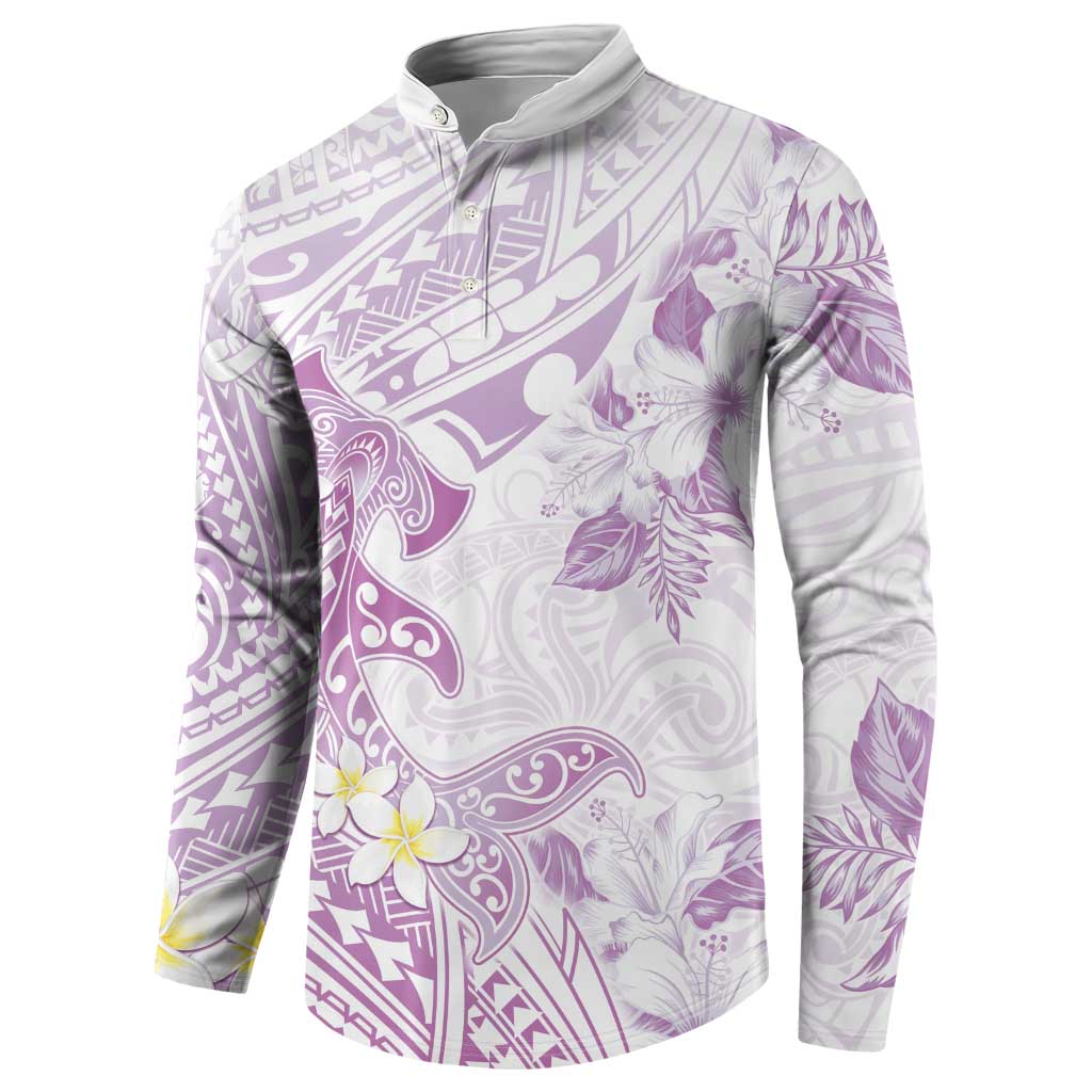 Polynesia Hammerhead Shark Button Sweatshirt Tropical Flowers Tribal Pattern Lavender LT05 - Polynesian Pride
