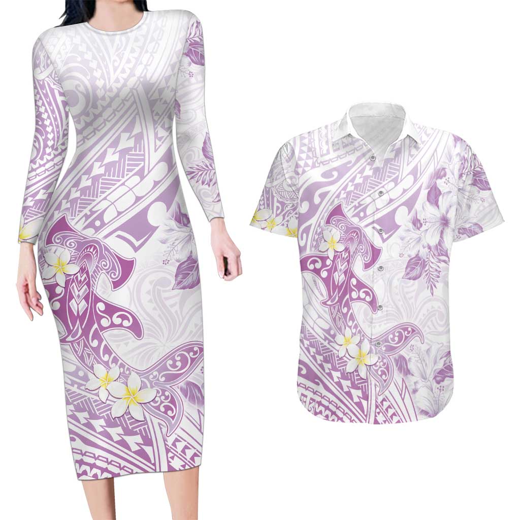 Polynesia Hammerhead Shark Couples Matching Long Sleeve Bodycon Dress and Hawaiian Shirt Tropical Flowers Tribal Pattern Lavender LT05 Purple - Polynesian Pride