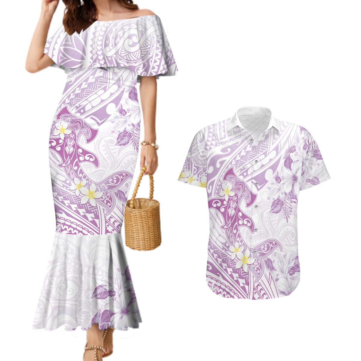 Polynesia Hammerhead Shark Couples Matching Mermaid Dress and Hawaiian Shirt Tropical Flowers Tribal Pattern Lavender