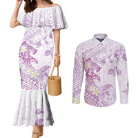 Polynesia Hammerhead Shark Couples Matching Mermaid Dress and Long Sleeve Button Shirt Tropical Flowers Tribal Pattern Lavender LT05 Purple - Polynesian Pride