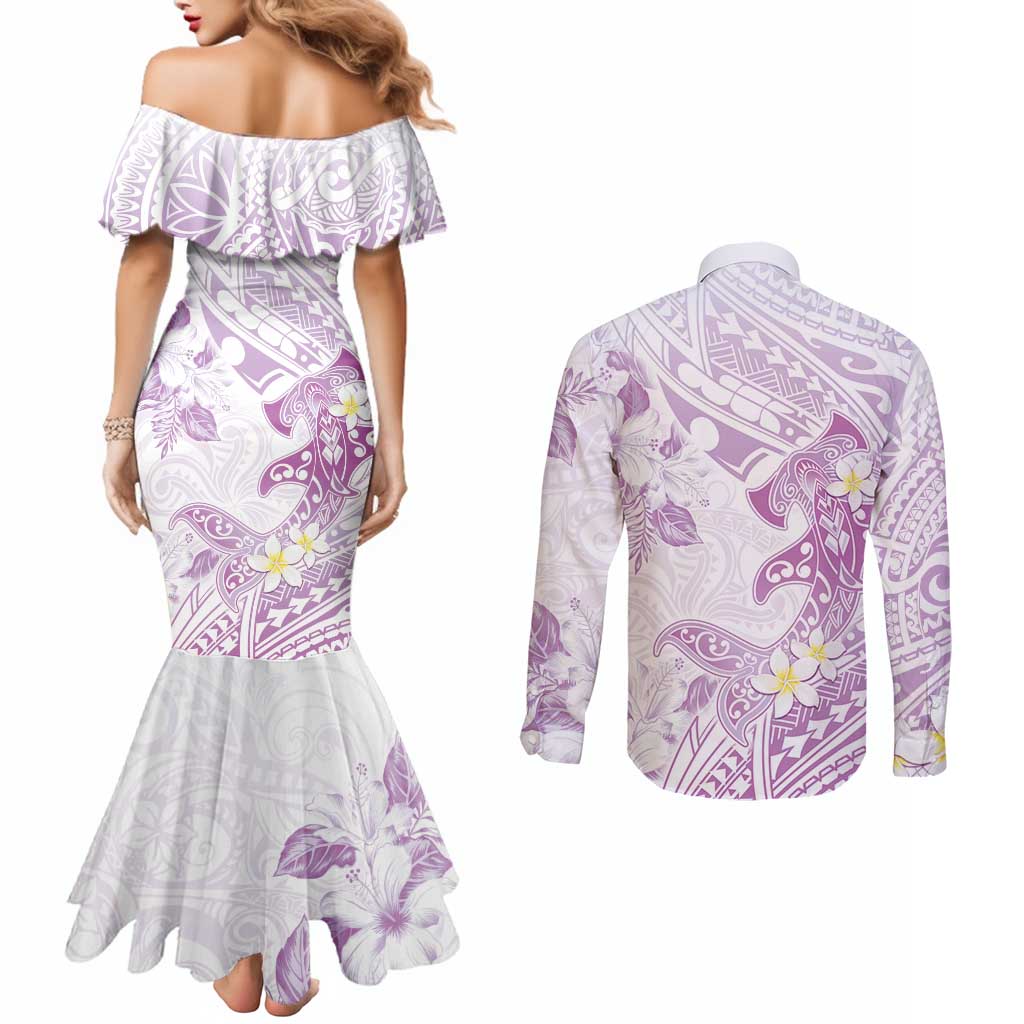 Polynesia Hammerhead Shark Couples Matching Mermaid Dress and Long Sleeve Button Shirt Tropical Flowers Tribal Pattern Lavender LT05 - Polynesian Pride