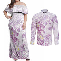 Polynesia Hammerhead Shark Couples Matching Off Shoulder Maxi Dress and Long Sleeve Button Shirt Tropical Flowers Tribal Pattern Lavender LT05 Purple - Polynesian Pride