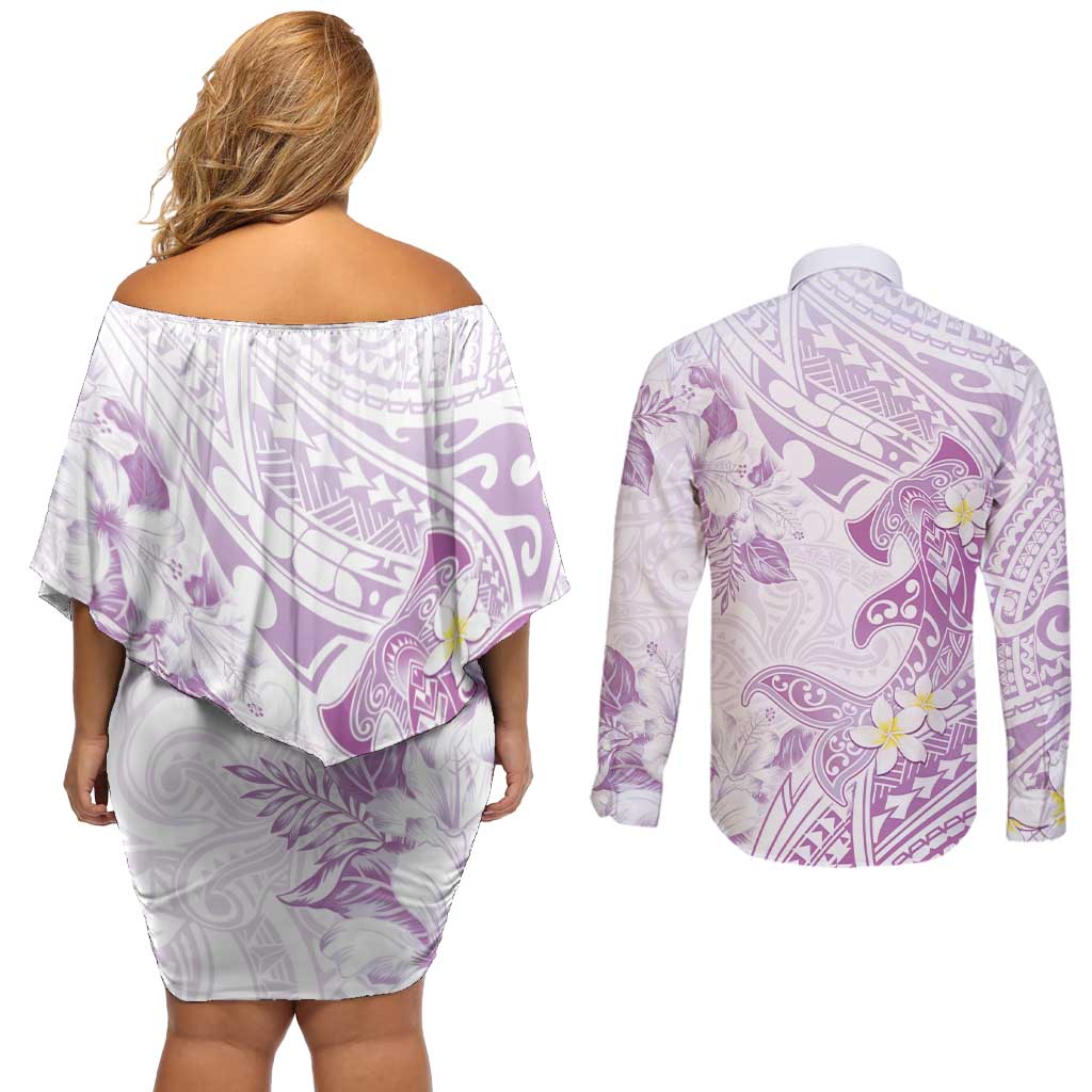 Polynesia Hammerhead Shark Couples Matching Off Shoulder Short Dress and Long Sleeve Button Shirt Tropical Flowers Tribal Pattern Lavender LT05 - Polynesian Pride