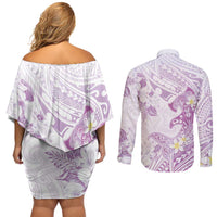 Polynesia Hammerhead Shark Couples Matching Off Shoulder Short Dress and Long Sleeve Button Shirt Tropical Flowers Tribal Pattern Lavender LT05 - Polynesian Pride