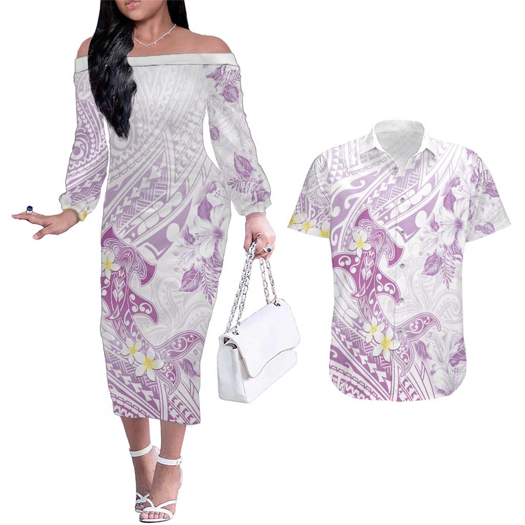 Polynesia Hammerhead Shark Couples Matching Off The Shoulder Long Sleeve Dress and Hawaiian Shirt Tropical Flowers Tribal Pattern Lavender LT05 Purple - Polynesian Pride