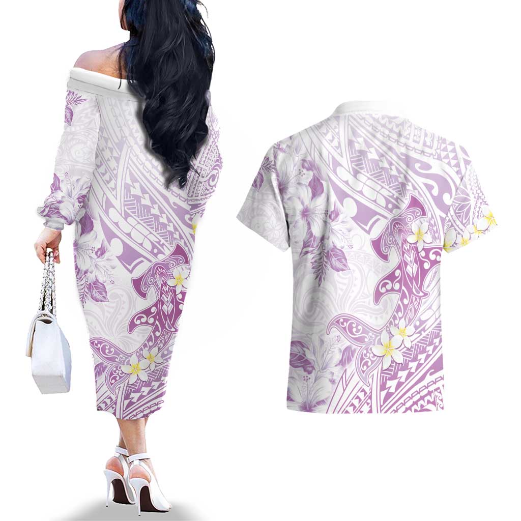 Polynesia Hammerhead Shark Couples Matching Off The Shoulder Long Sleeve Dress and Hawaiian Shirt Tropical Flowers Tribal Pattern Lavender LT05 - Polynesian Pride