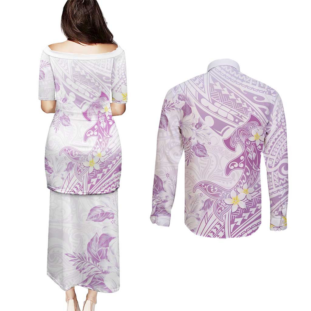 Polynesia Hammerhead Shark Couples Matching Puletasi and Long Sleeve Button Shirt Tropical Flowers Tribal Pattern Lavender LT05 - Polynesian Pride