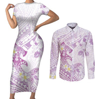 Polynesia Hammerhead Shark Couples Matching Short Sleeve Bodycon Dress and Long Sleeve Button Shirt Tropical Flowers Tribal Pattern Lavender LT05 Purple - Polynesian Pride