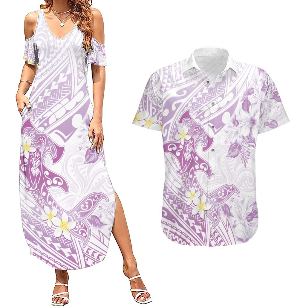 Polynesia Hammerhead Shark Couples Matching Summer Maxi Dress and Hawaiian Shirt Tropical Flowers Tribal Pattern Lavender